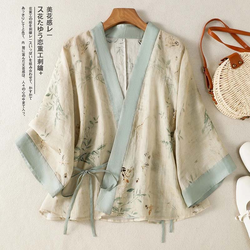 Summer Clothing Wraps - 빈티지 꽃무늬 프린트 짧은 기모노 카디건