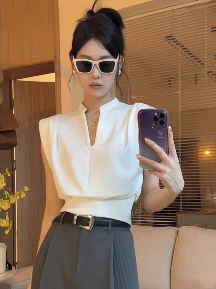 Summer Clothing Brands - 레트로 스탠드 칼라 반팔 셔츠 여성