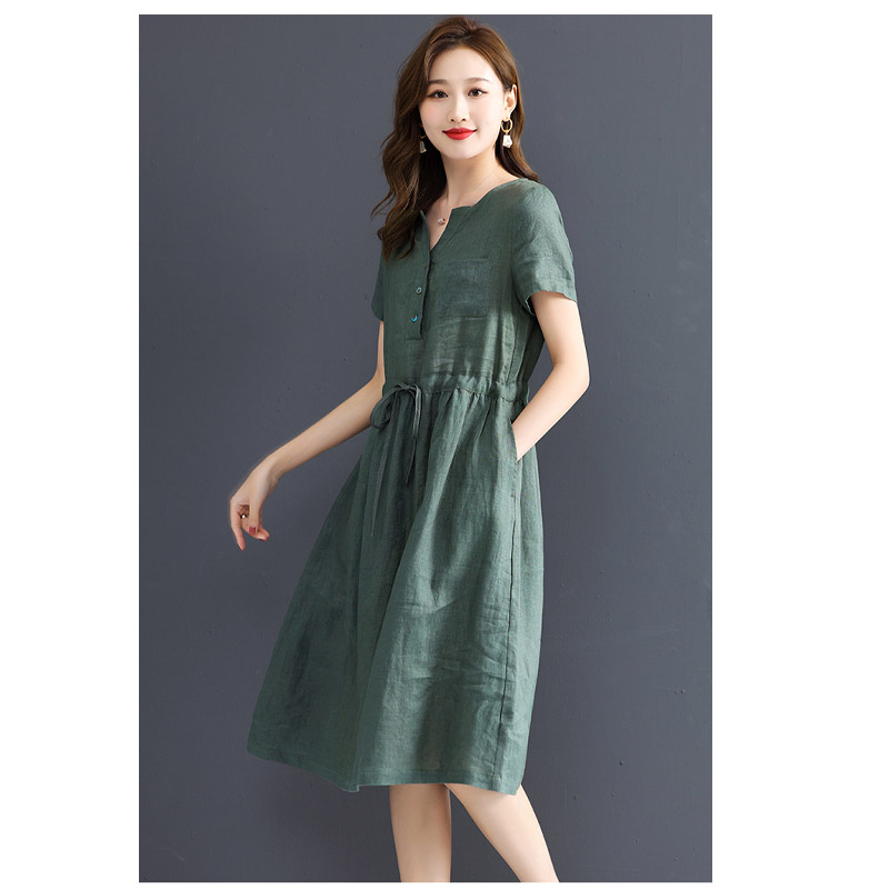 순수 린넨 여성용 반팔 드레스 짙은 녹색 드로스트링 드 - Summer Clothing Drawing 리뷰 및 가격